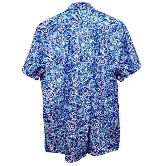 Mens Blue Paisley Short-Sleeve Button-Up Dress Shirt By Premiere Size M - Picture 2 of 8